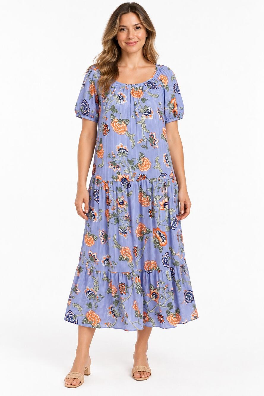 LOFT XS Blue Floral Tiered Midi Dress Short Puff Sleeve Boho Cottagecore